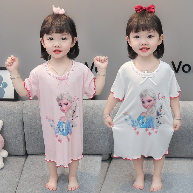 女童睡衣冰丝睡裙夏季薄款宝宝空调服儿童短袖家居服爱莎公主人鱼