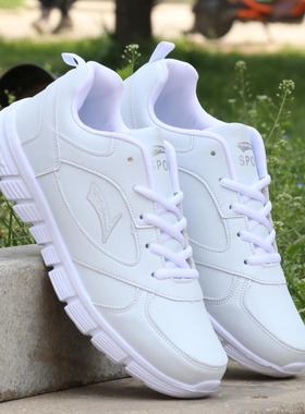 春夏女鞋皮面白色防水运动鞋软底跑步鞋子男女学生休闲旅游鞋波鞋