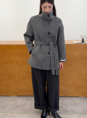 2025年冬季加厚灰色立领双面羊毛大衣女短款小个子系带羊毛呢外套
