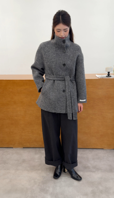 2025年冬季加厚灰色立领双面羊毛大衣女短款小个子系带羊毛呢外套