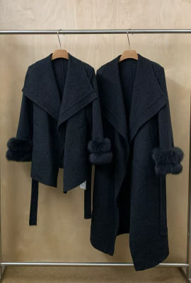 2025年冬季加厚高端双面羊毛大衣女中长款狐狸毛袖口羊毛呢子外套