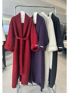 2025冬季新款紫色双面羊毛大衣女中长款高端浴袍款气质羊毛呢外套
