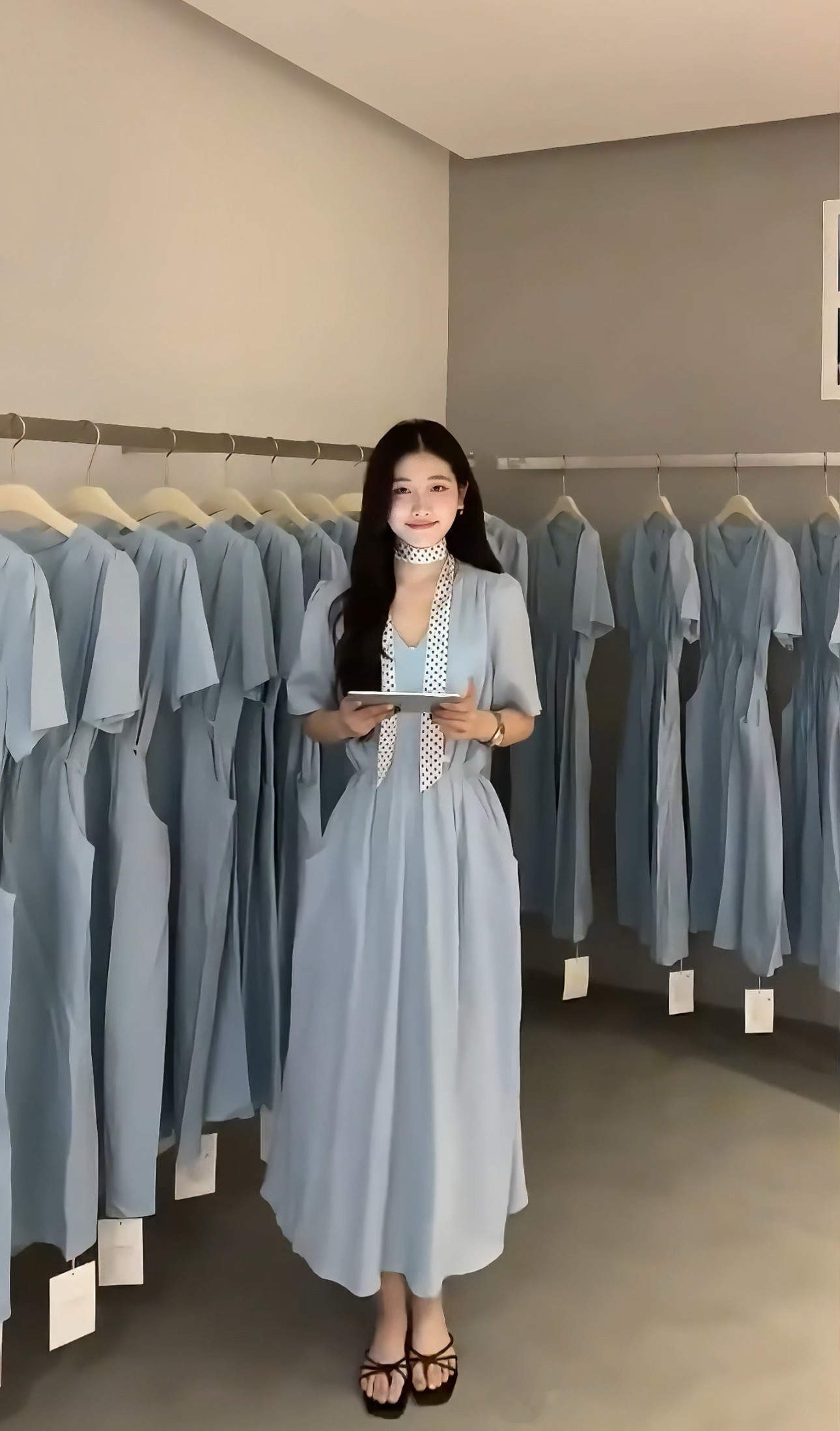 法式桔梗中长裙夏季小清新茶歇褶皱V领连衣裙女抽绳收腰显瘦裙子