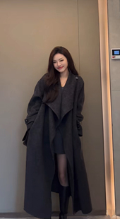 2026年早春款大翻领斜扣双面羊毛大衣女系带收腰显瘦羊毛呢外套女