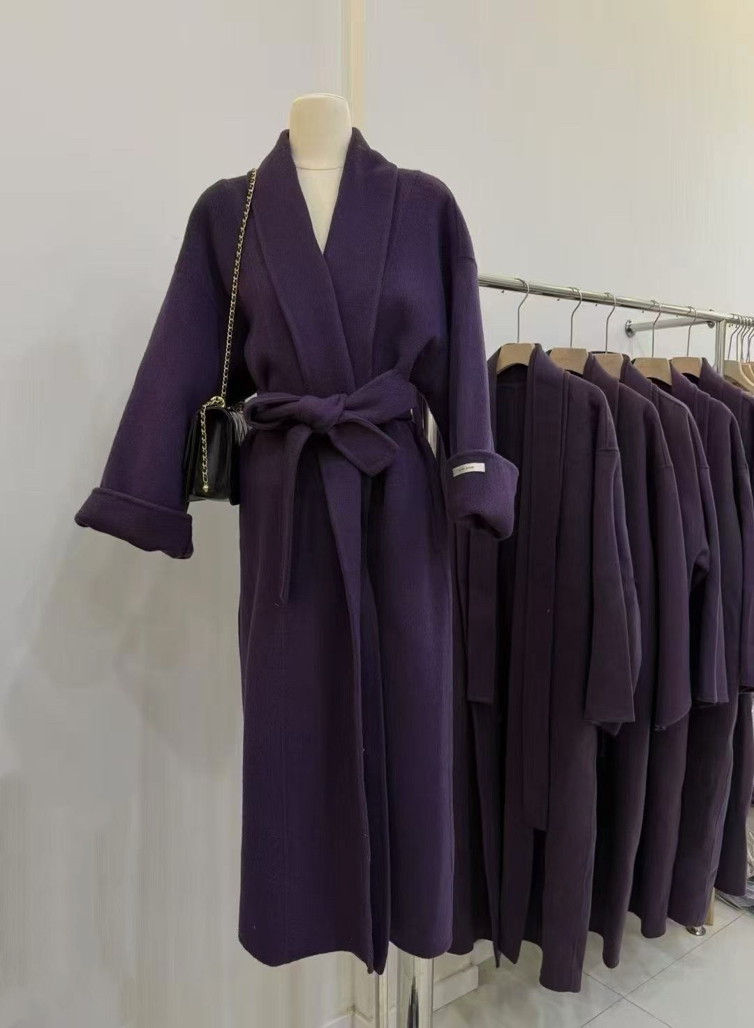 2025年冬季紫色双面羊毛大衣女中长款韩版系带收腰显瘦羊毛呢外套