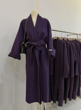 2025年冬季紫色双面羊毛大衣女中长款韩版系带收腰显瘦羊毛呢外套