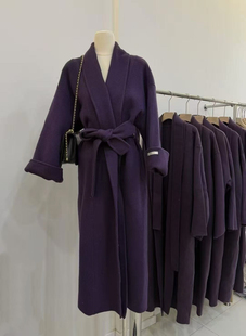 2025年冬季紫色双面羊毛大衣女中长款韩版系带收腰显瘦羊毛呢外套