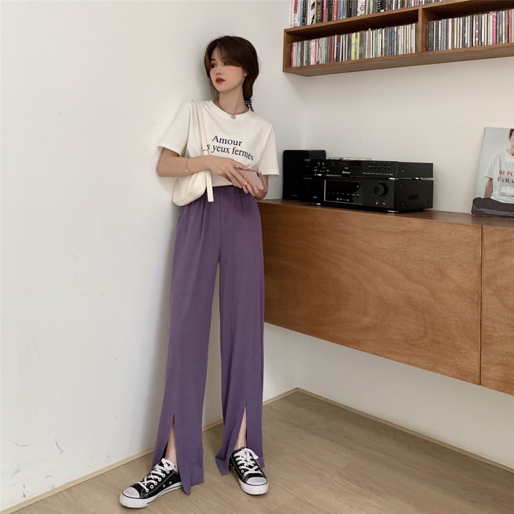 Real shot real price summer versatile solid color front split elastic casual floor pants