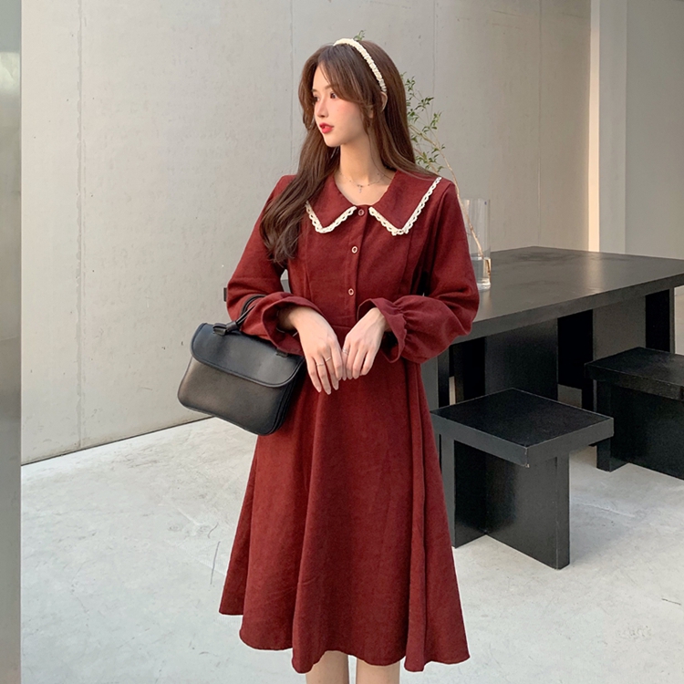 ~Real price ~ Korean style retro slim mid long long sleeve dress