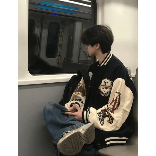 美式复古重工字母刺绣棒球服夹克