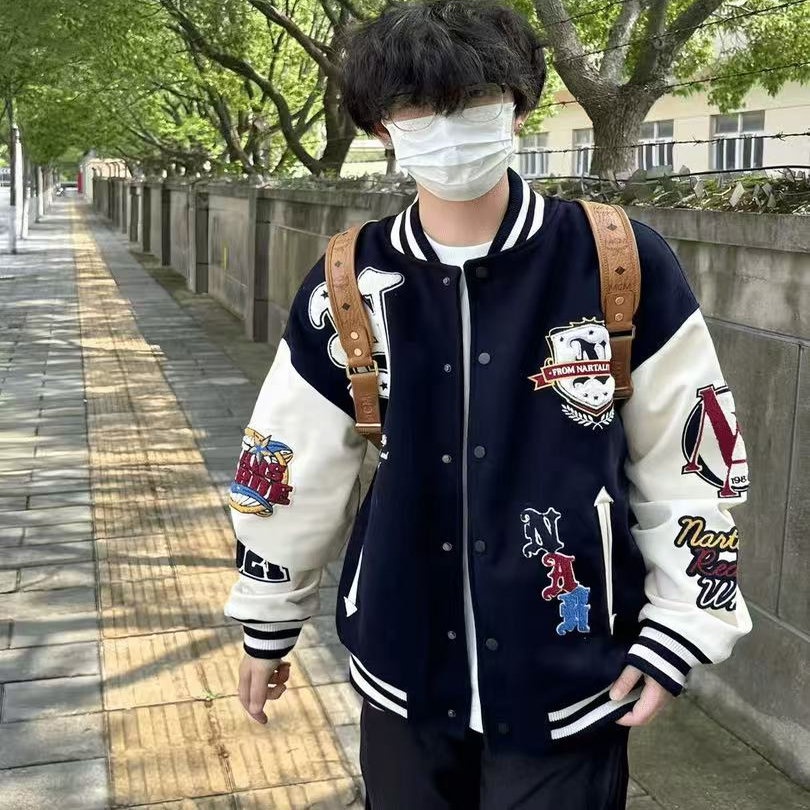 重磅植绒刺绣外套pu皮痞帅夹克潮