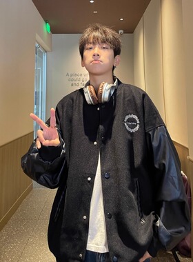 2024春秋美式复古黑色宽松PU皮拼接刺绣棒球服外套男潮流情侣夹克