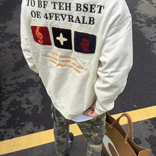 美式重磅字母毛巾刺绣圆领卫衣男款秋冬季宽松加绒情侣打底上衣潮