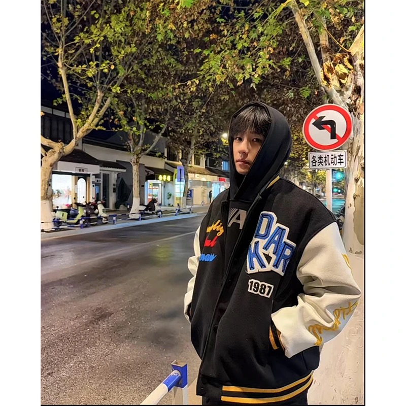 美式高街植绒字母刺绣棒球服夹克