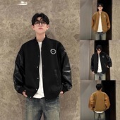 棒球服男款 美式 刺绣潮牌黑色呢子PU皮单排扣百搭宽松情侣夹克外套