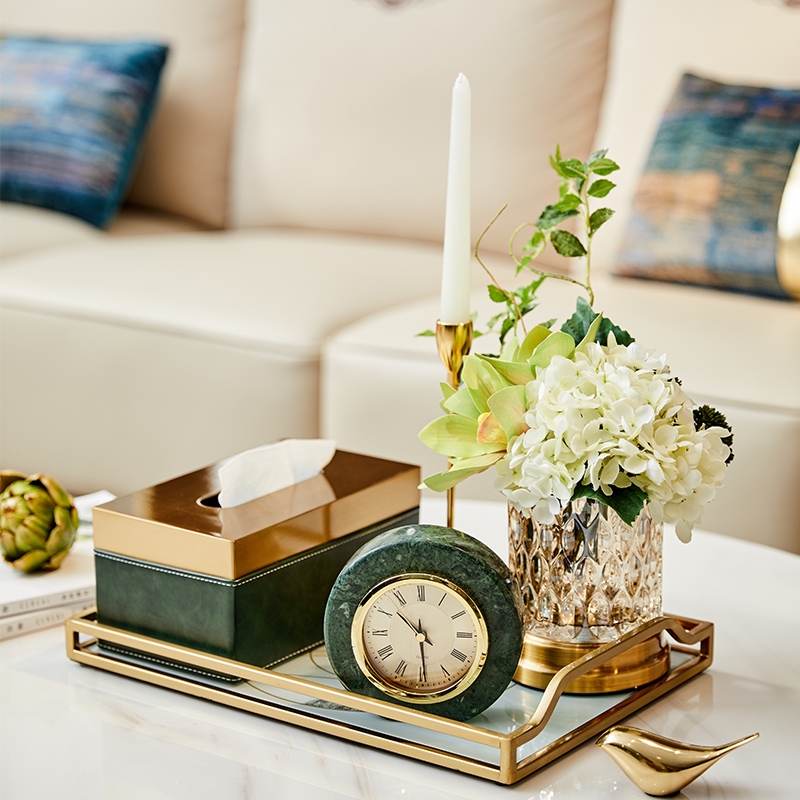 天然大理石小座钟迷你圆形桌面