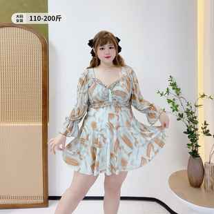 荷叶边收腰温泉连体裙式 女装 泳衣 胖莹莹大码 200斤保守晕染游泳装