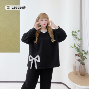 春季 女装 拼接蕾丝卫衣 胖莹莹大码 350斤甜美风蝴蝶结显瘦v领打底衫