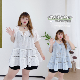 夏休闲风a字遮肉百搭衬衫 女装 胖莹莹大码 小清新减龄圆领镂空小衫