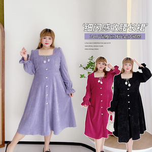 郁金香长款裙子胖莹莹大码女装胖mm法式细闪气质方领蝴蝶结连衣裙