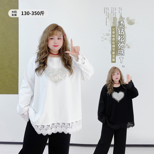350斤松弛感上衣胖莹莹大码 清雅春光拼接蕾丝重工烫钻甜美T恤 女装