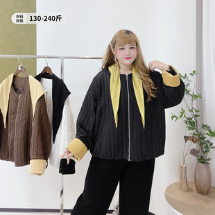 休闲风条纹慵懒风撞色棉服 冬季 设计感遮肉披肩外套胖莹莹大码 女装