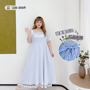 300斤打揽显瘦长裙子胖仙女莹莹大码 蝴蝶结收腰蕾丝边连衣裙 女装