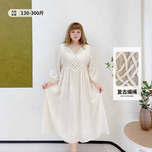 秋季 女装 连衣裙 气质v领设计感小众长裙子胖莹莹大码 300斤显瘦法式