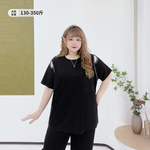 350斤宽松遮肉时尚百搭镂空T恤衫