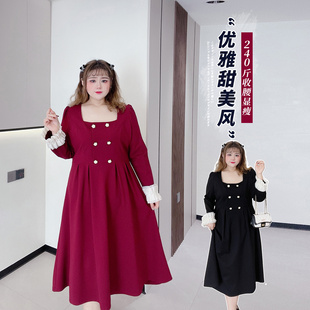 复古方领胖仙女莹莹大码 显瘦双排扣连衣裙 女装 胖mm早春甜美花边袖