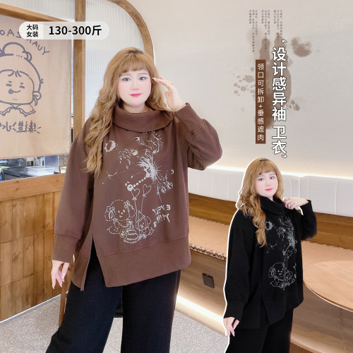 异袖300斤遮肉复古印花开叉卫衣