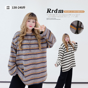 撞色学院派T恤衫 柔系美式 春季 女装 慵懒风宽松条纹上衣胖莹莹大码