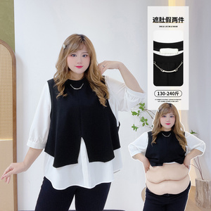 韩系黑白拼接上衣胖仙女莹莹大码女装胖mm春夏小众通勤假两件衬衫