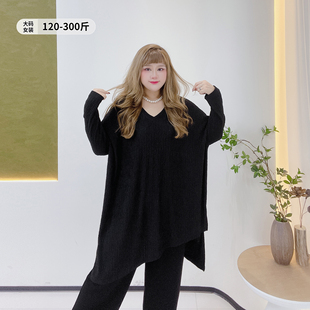 女装 T恤衫 秋季 开叉长袖 长款 300斤休闲不规则肌理感上衣胖莹莹大码