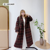 英伦风气质过膝夹棉外套胖莹莹大码 女装 胖mm秋冬复古格子毛呢大衣
