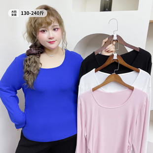 春秋简约大圆领坑条打底衫 200斤掐腰显瘦多巴胺T恤胖莹莹大码 女装
