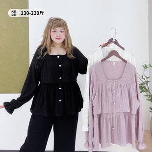 镂空荷叶边减龄收腰衬衫 别致方领A字显瘦小衫 春季 女装 胖莹莹大码