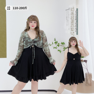 泳装 抽绳显瘦上衣连体裙式 女装 沙滩度假风晕染保守泳衣胖莹莹大码