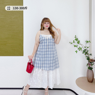 显瘦格纹吊带连衣裙 夏季 300斤度假风假两件长裙子胖莹莹大码 女装
