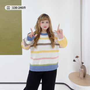 春季 女装 撞色减龄遮肉软糯上衣 学院风彩虹条纹毛衣胖莹莹大码 多元