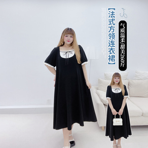 胖仙女莹莹大码女装夏款胖mm法式名媛方领遮肉显瘦撞色过膝连衣裙
