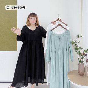 300斤高腰显瘦肌理感长裙子胖莹莹大码 简约风清新纯色连衣裙 女装