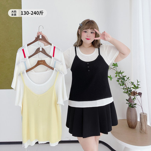 甜美风减龄百搭针织假两件T恤衫