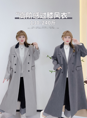高级感灰色胖仙女莹莹大码女装胖mm2026春装通勤遮肉条纹风衣外套