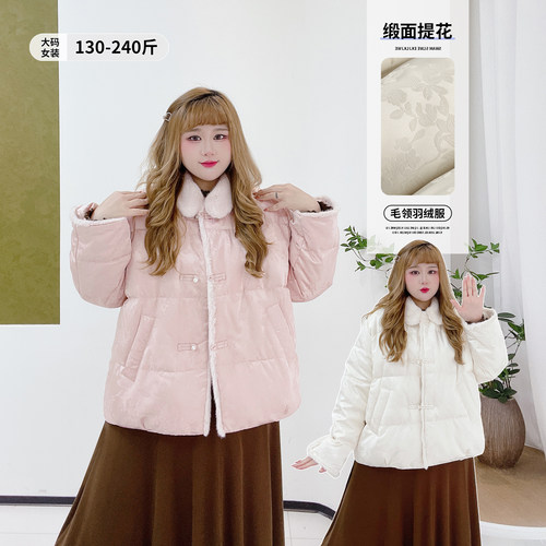 国风缎面提花显瘦百搭毛领羽绒服