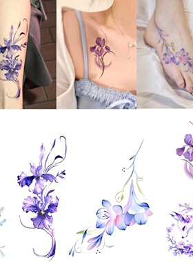 高级感紫色鸢尾彩色纹身贴少女手臂防水持久唯美蝴蝶纯欲脚踝水洗