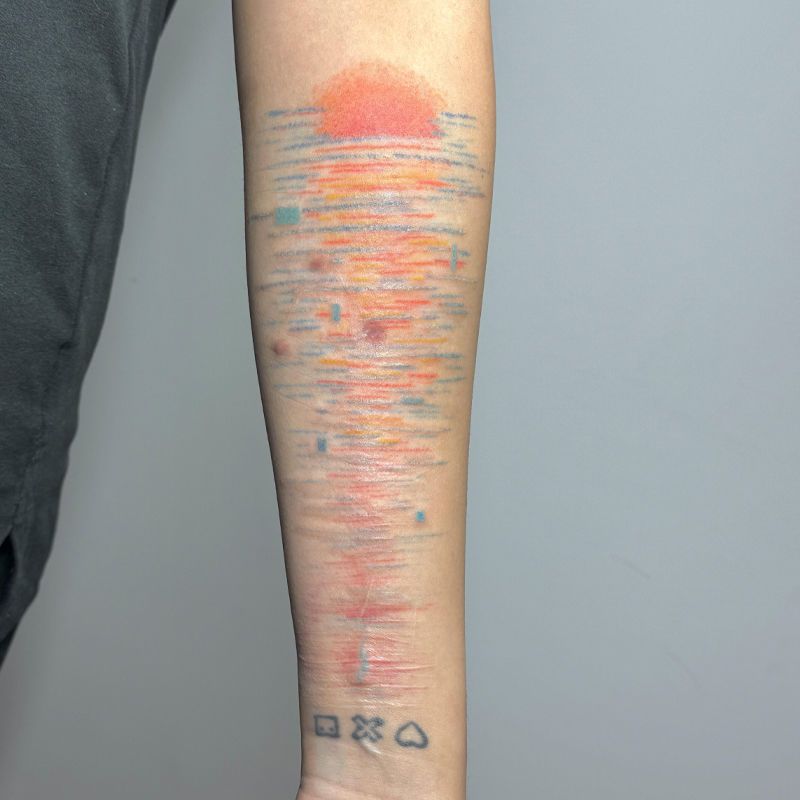 海边落日彩色防水持久纹身贴可遮盖疤痕适合情侣手臂手腕逼真贴纸