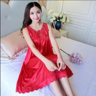 大红色睡裙夏季胖mm200斤冰丝妈妈睡衣群中年妇女中长款连衣裙5XL