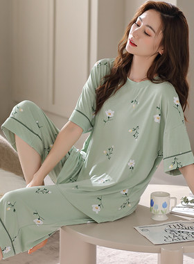 5XL6XL特大号睡衣女夏胖MM200斤短袖七分裤特大码宽松莫代尔220斤