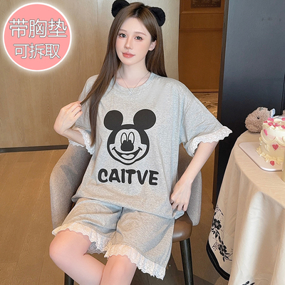 带胸垫睡衣女士夏季纯棉加肥特大码胖mm短袖短裤薄款套装200斤5XL